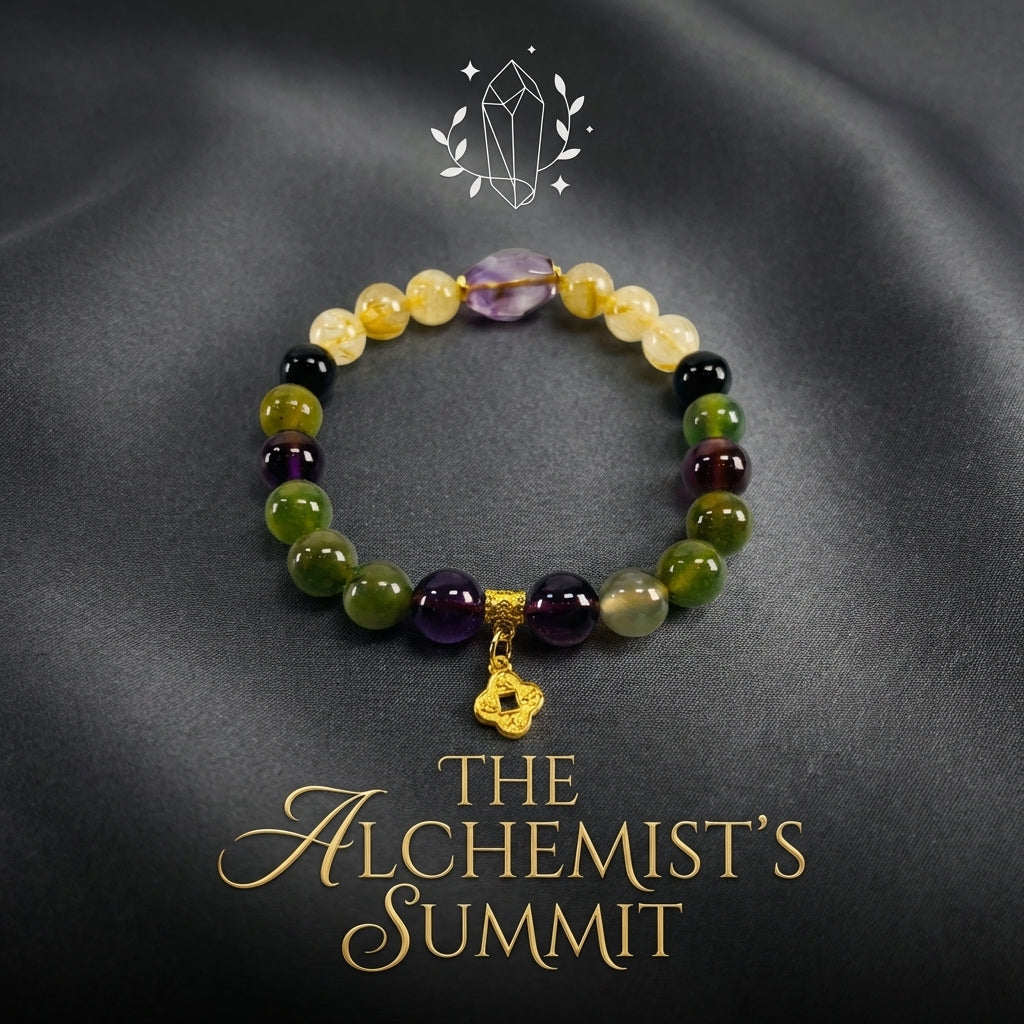 Product shot of the multi-colored Capricorn bracelet on a black background, showcasing beads in purple, yellow, black, and green. The title "THE ALCHEMIST‘S SUMMIT" is prominently displayed below in gold text.