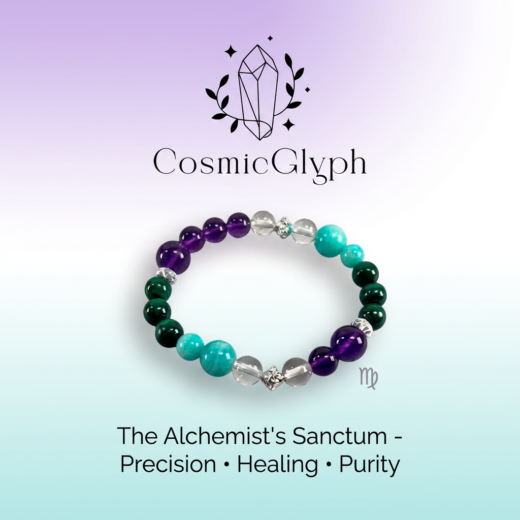 A promotional image for the CosmicGlyph Virgo "Alchemist‘s Sanctum" bracelet. The multi-colored bracelet, with purple, green, aqua, and clear beads, is displayed below the brand‘s crystal-and-leaf logo. The text highlights the series name and key attributes: Precision, Healing, Purity.