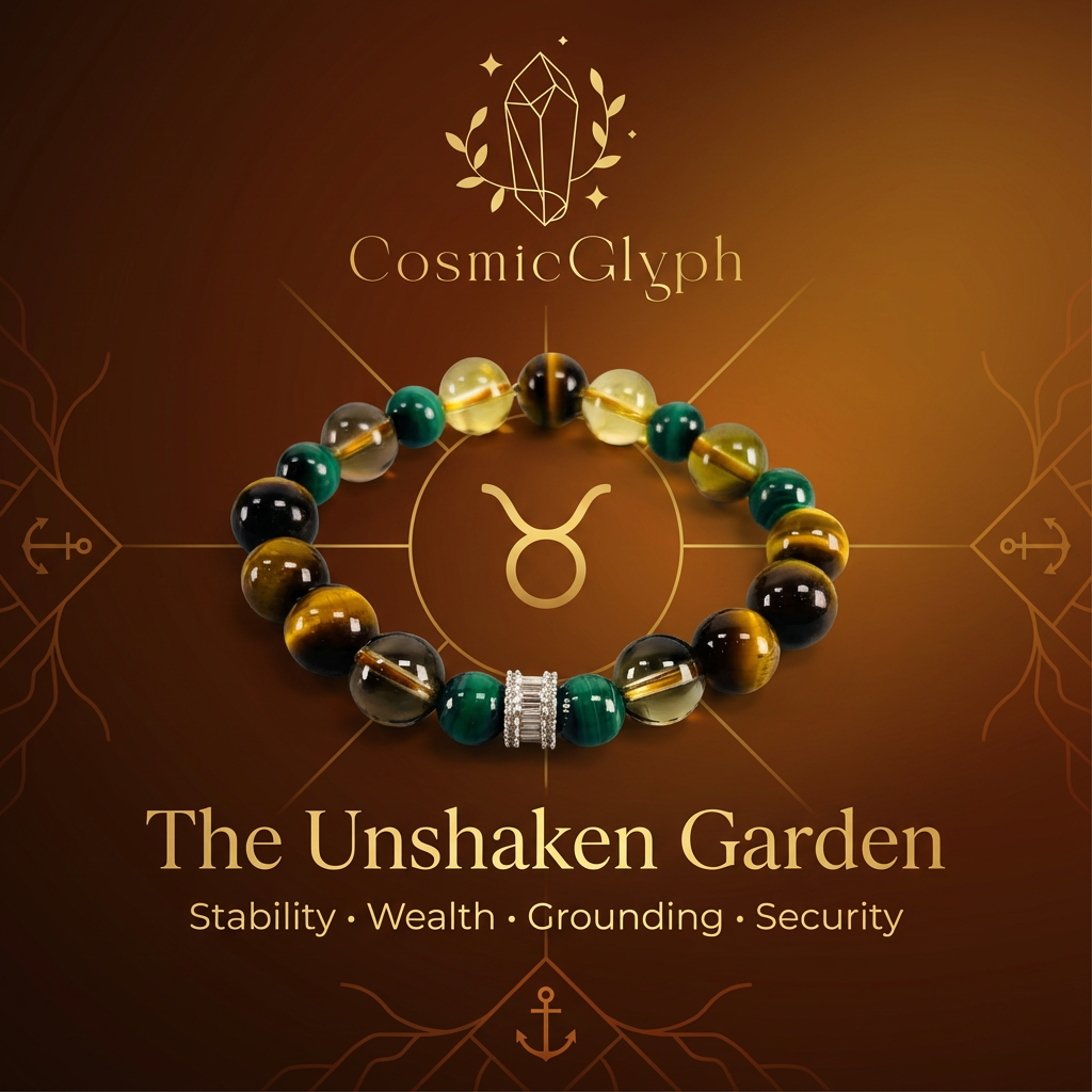 Product graphic for the CosmicGlyph Taurus bracelet. The bracelet is displayed at the top, with the brand name, the title "The Unshaken Garden", and its core attributes—Stability, Wealth, Grounding, Security—listed below on a textured brown background with decorative anchor and leaf motifs.