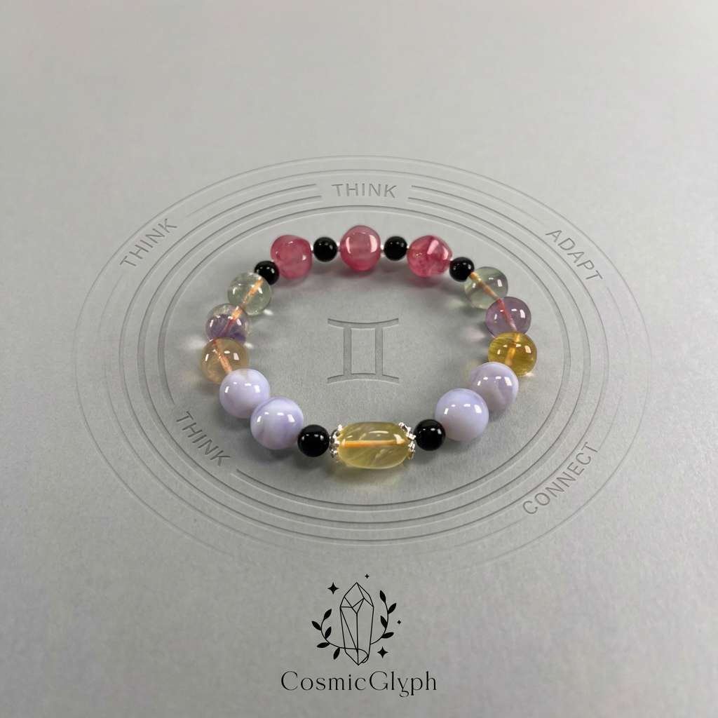 Product shot of the multicolored Gemini bracelet on a light grey circular background. The words “THINK”, “ADAPT”, “CONNECT” encircle the bracelet, with the Gemini zodiac symbol (♊) at the center. The CosmicGlyph logo and crystal motif anchor the bottom, visually representing the “Neural Nexus” concept of communication and intellect.
