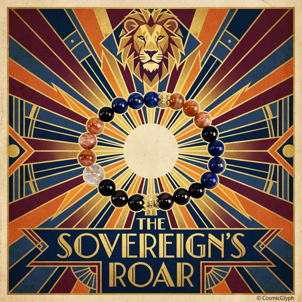 Art Deco-style promotional graphic for the CosmicGlyph Leo “Sovereign‘s Roar” collection. The multi-strand bracelet with gold accents is centered before a radiant sunburst background in orange, blue, and gold, topped with a geometric lion head. The title “THE SOVEREIGN‘S ROAR” is prominently displayed on a banner below.