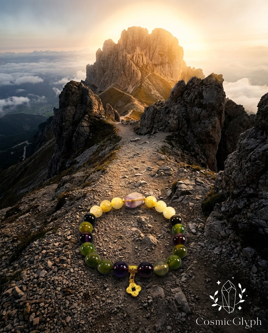 The Capricorn "Alchemist‘s Summit" bracelet placed on a rocky mountain path, leading towards a majestic, sunlit peak surrounded by clouds. The scene symbolizes ambition and the journey to the summit. The CosmicGlyph logo is in the lower right.