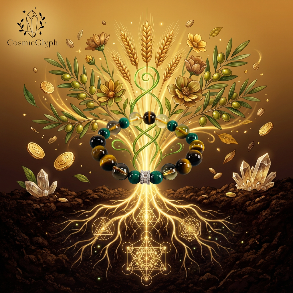 Conceptual artwork visualizing the "Unshaken Garden". The Taurus bracelet forms the trunk of a radiant, glowing tree, with roots extending into geometric patterns and branches sprouting golden wheat, olive leaves, and blossoms. Symbolizes unshakable stability, growth, and rooted abundance. CosmicGlyph logo included.