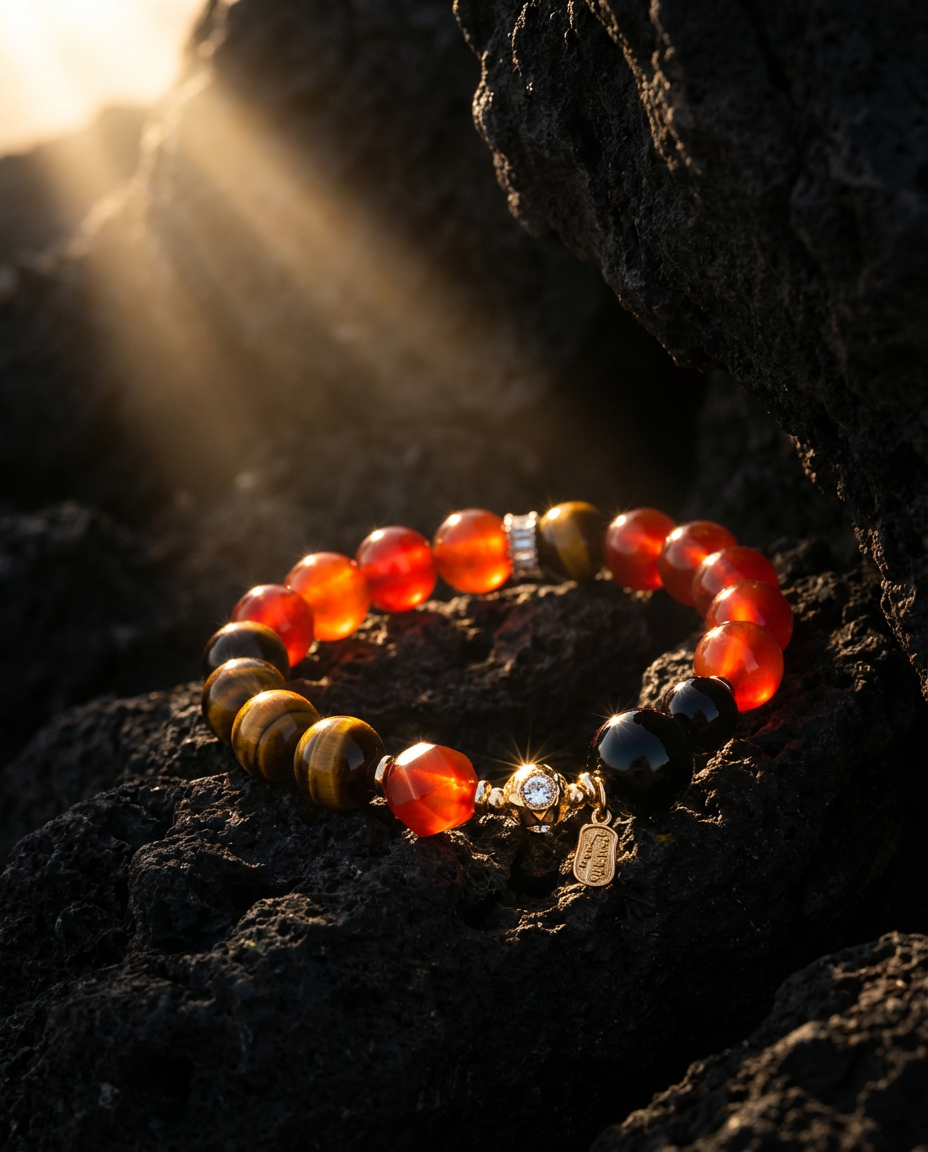 Close-up of the Aries Pioneer's Fire Bracelet, showcasing its Red Agate, Tiger's Eye, and Black Obsidian beads. The bracelet is arranged on dark, textured rock under dramatic, warm sunlight that highlights the stones' vibrant colors and natural shine.