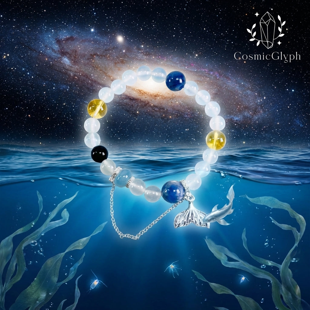 The Pisces “Oracle‘s Tide” bracelet by CosmicGlyph suspended at the mystical boundary between a starry cosmos and a deep ocean. The bracelet, with blue, yellow, and black beads and a silver fish tail pendant, glows softly amidst seaweed and stars.