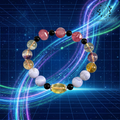 The Gemini “Neural Nexus” crystal bracelet, featuring multi-colored beads (pink, yellow, purple, black) with a large textured yellow oval centerpiece, is showcased against a deep blue starry background with grid lines and colored light beams. Binary code "01100001101000101001101000" streams across the scene. Brand: CosmicGlyph.