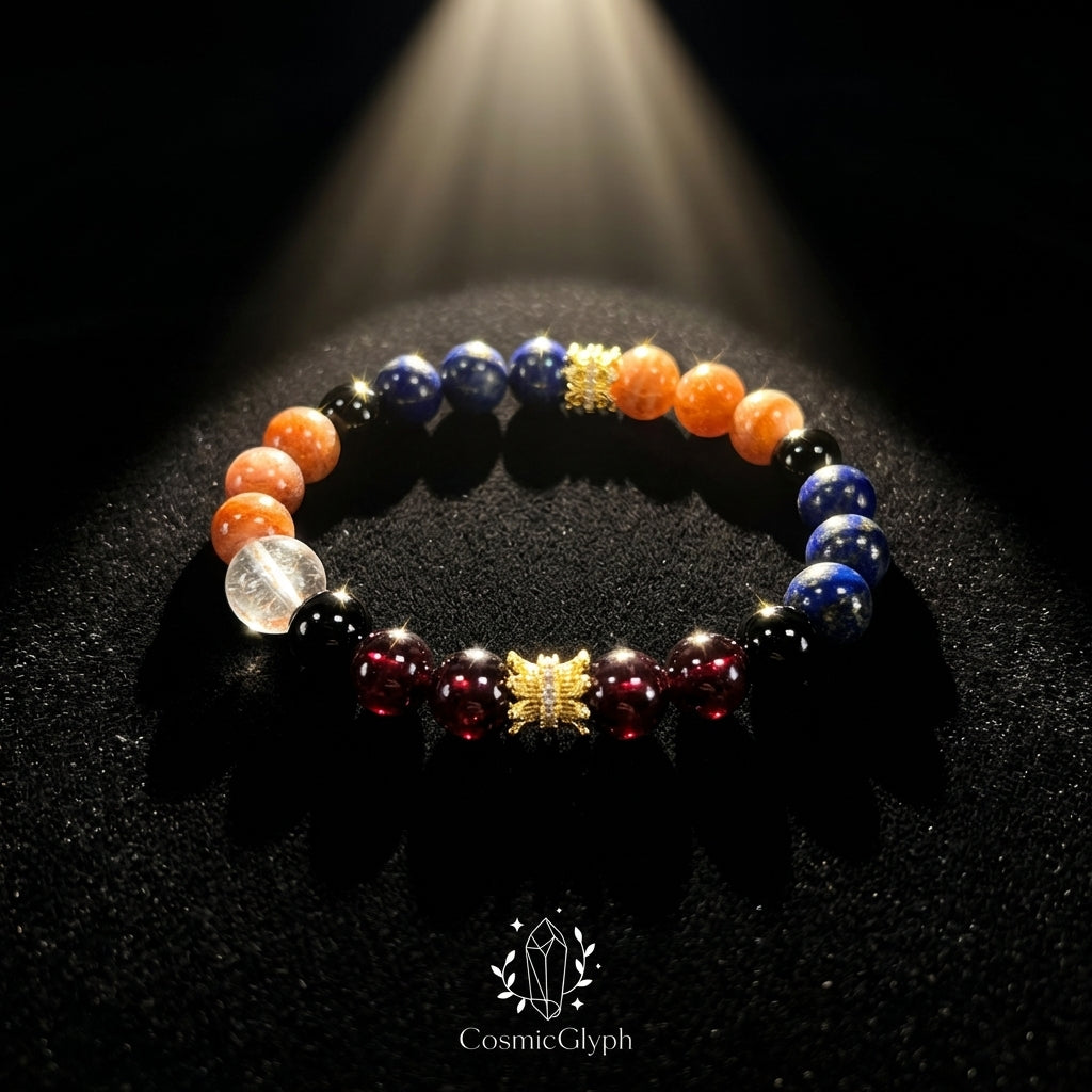 Dramatic close-up of the Leo “Sovereign‘s Roar” bracelet on black velvet under a stage spotlight. The bracelet features orange Sunstone, blue Lapis Lazuli, black Obsidian, and red Garnet beads with a prominent golden crown charm. The CosmicGlyph logo is visible at the bottom.