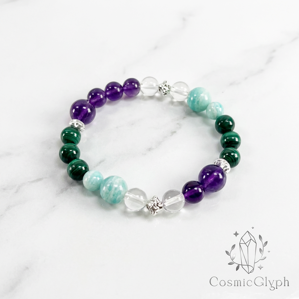 Product shot of the Virgo "Alchemist's Sanctum" bracelet arranged in a curve on a white marble surface. The bracelet features a mix of purple Amethyst, green Malachite, transparent Clear Quartz, and light blue Amazonite beads, separated by intricate silver filigree spacers. The CosmicGlyph logo and a crystal line drawing are visible at the bottom right.