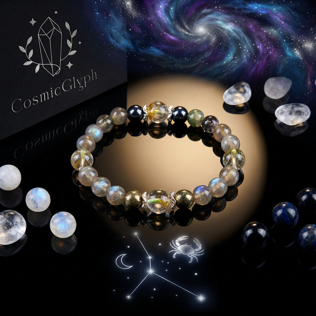 A cosmic-themed still life. The Cancer bracelet, with its mix of translucent, golden, and dark beads, is centered amidst scattered crystals. A black Cosmic Glyph box sits to the upper left, with a purple and blue galaxy nebula in the upper right. The Cancer zodiac symbol is at the bottom.