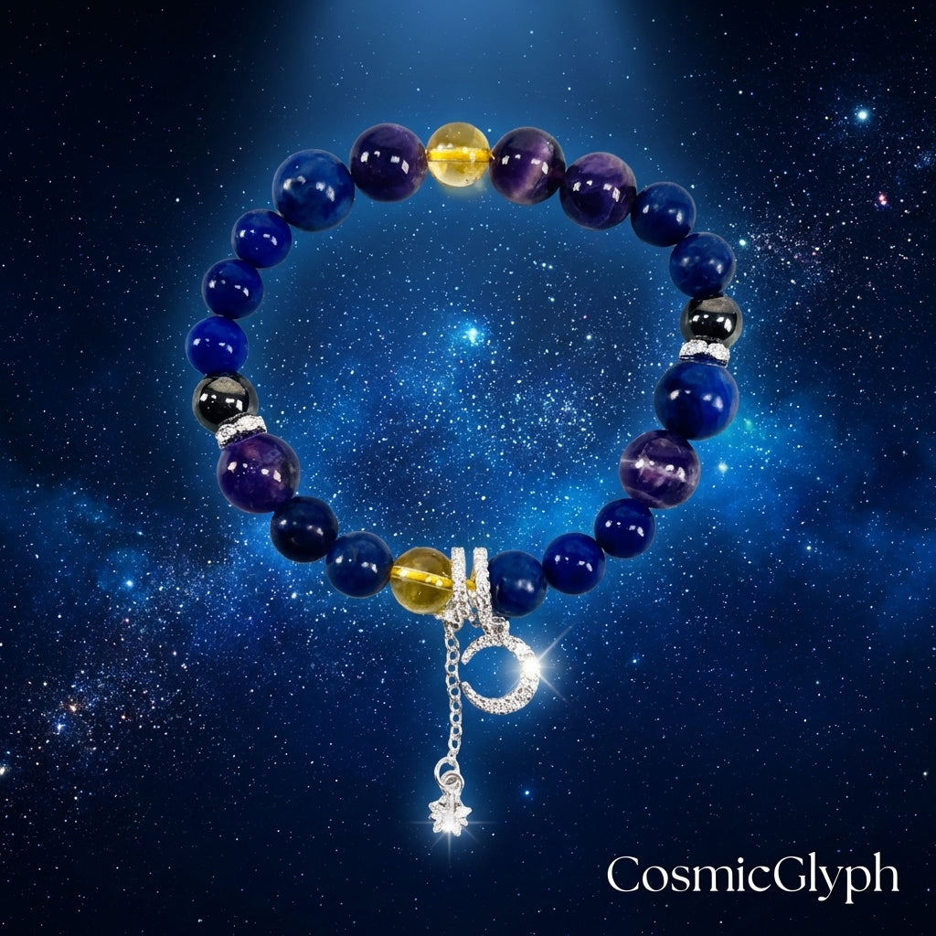 Close-up of the CosmicGlyph Sagittarius zodiac bracelet against a deep starry night sky background. The bracelet showcases its deep blue, purple, and yellow beads, black beads with silver settings, and a sparkling full-diamond moon pendant with a star charm. The brand name is visible at the bottom right.