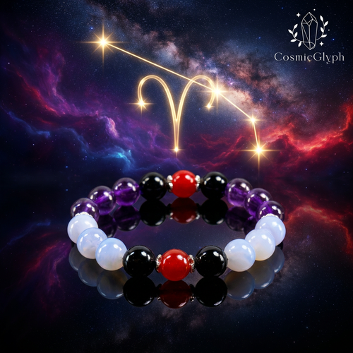 Aries Constellation Background: The Aries zodiac bracelet featuring Amethyst, Black Onyx, Carnelian, and Blue Lace Agate beads, laid flat against a vibrant nebula and starry sky with the Aries constellation symbol.