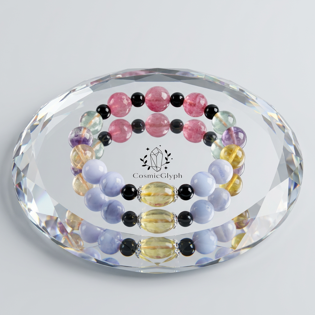 The Gemini crystal bracelets displayed on a faceted, diamond-cut clear crystal tray, creating a reflective, dual effect. One bracelet features pink and black beads with a green bead; the other has light blue-purple and yellow barrel-shaped beads. The CosmicGlyph logo is engraved beneath. Clean, luminous product photography.