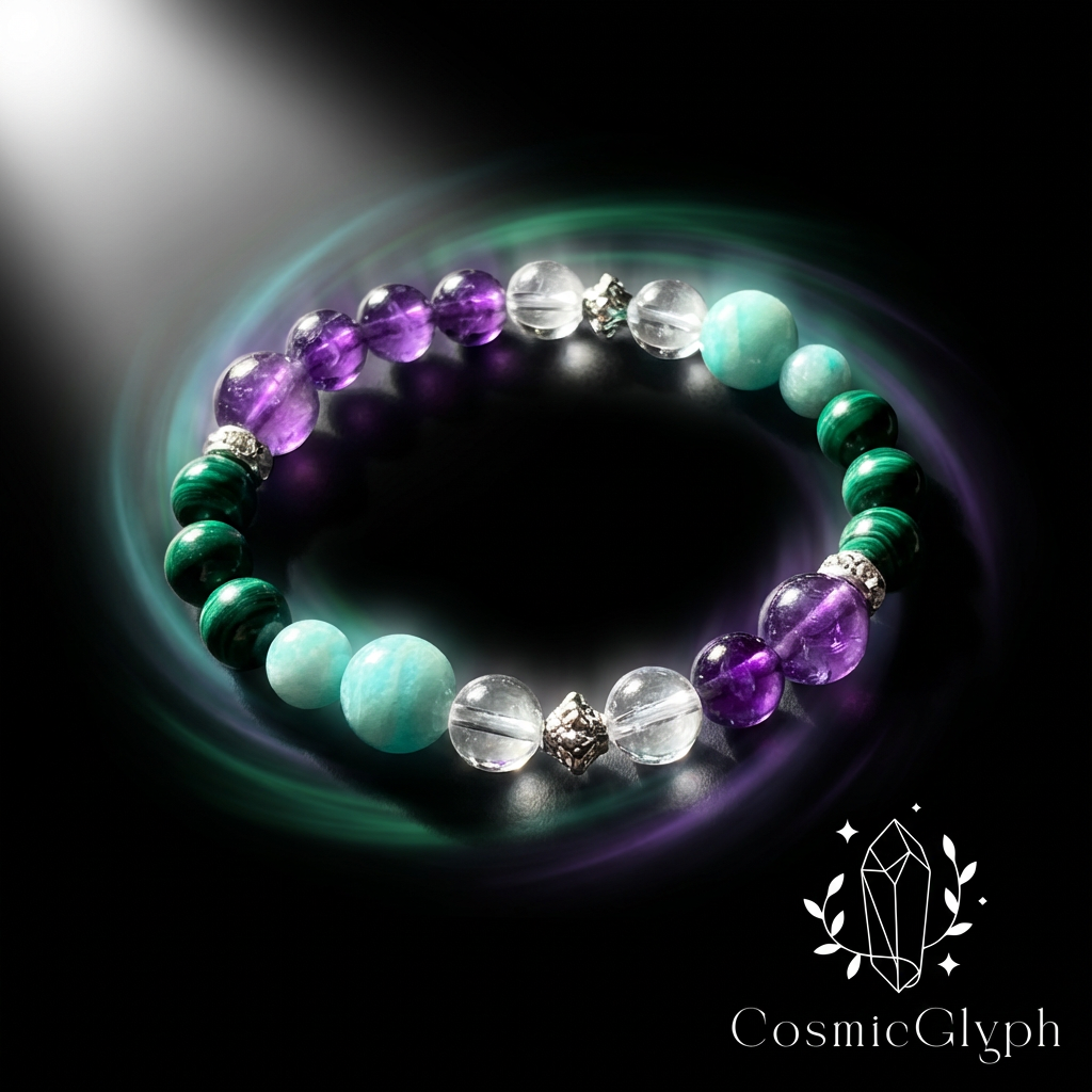 Close-up of the Virgo crystal bracelet on a dark background with soft green and purple ambient lighting. The beads, including purple, clear, and green stones with silver accents, are in sharp focus. The CosmicGlyph brand name and crystal symbol appear at the lower right.