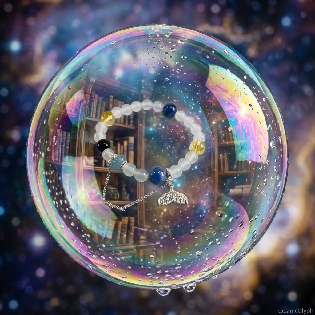 A surreal and dreamlike scene: the Pisces crystal bracelet floats magically inside a large, iridescent soap bubble. A vintage bookshelf is visible in the blurred background, with the entire scene set against a梦幻的宇宙星空 of blues, purples, and pinks.