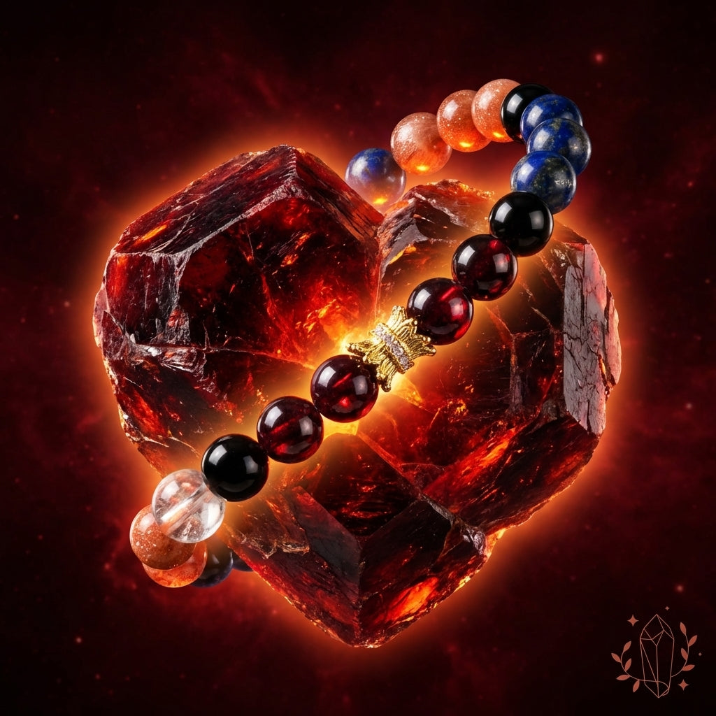 Conceptual artwork for the CosmicGlyph Leo bracelet. The multi-colored crystal bracelet is draped across the center of a massive, glowing deep-red heart-shaped crystal. A detailed gold crown charm with sparkling stones is the focal point against a cosmic red and black nebula background.