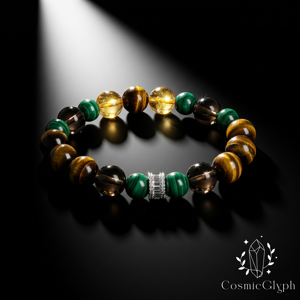 Detailed product photography of the Taurus zodiac bracelet on a black background. Features a mix of Tiger‘s Eye, Malachite, and clear crystal beads with a central silver-toned, diamond-studded clasp under dramatic lighting. Brand logo at bottom right.