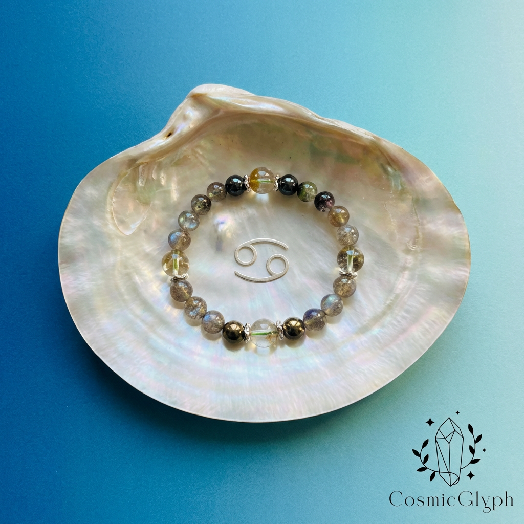 The Cancer bracelet and a silver Cancer zodiac symbol (♋) are nestled inside an open, iridescent pearl oyster shell on a solid blue background. The bracelet shows beads in transparent, tan, dark brown, and a bright green shade. CosmicGlyph branding is in the lower right.
