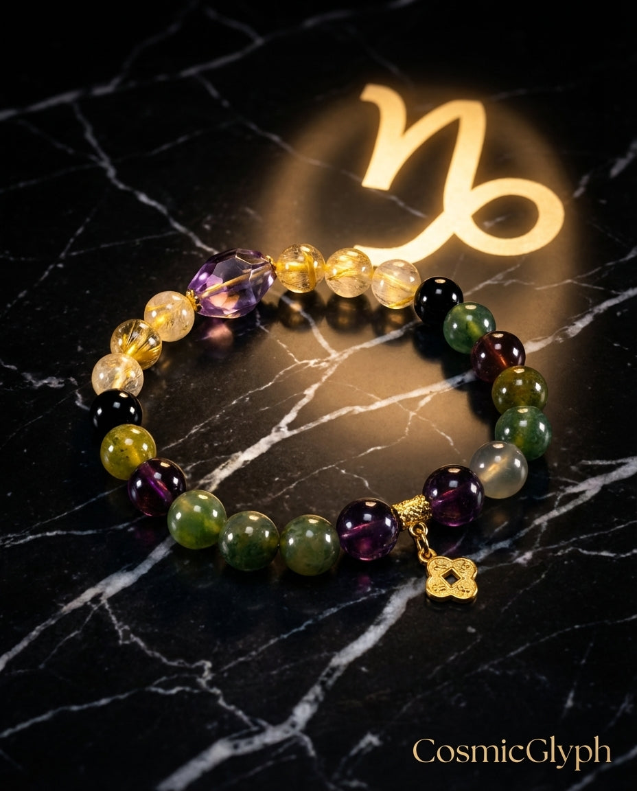 The Capricorn zodiac bracelet rests on dark veined marble. A luminous Taurus symbol (♉) glows in the upper right, casting light on the arrangement of Amethyst, Rutilated Quartz, and green and black beads with a gold pendant. CosmicGlyph branding is visible.