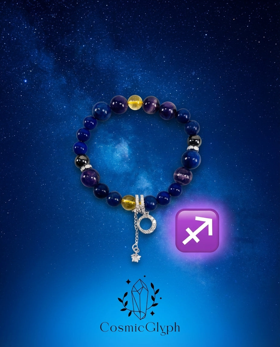 The Sagittarius “Astral Compass” bracelet displayed against a vibrant blue and purple galaxy nebula with stars. A purple square featuring the white Sagittarius archer symbol (♐) is on the right. The bracelet‘s colorful beads and silver star charm are prominent. CosmicGlyph branding is at the bottom.
