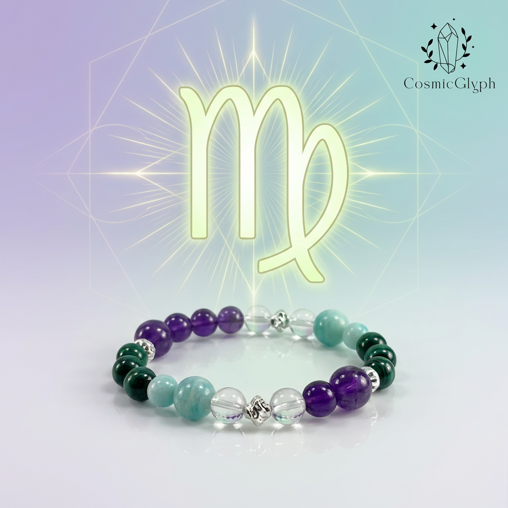 The Virgo zodiac bracelet showcased in front of a glowing yellow Virgo constellation symbol (♍). The background features abstract geometric patterns in blue and purple gradients. The CosmicGlyph logo is placed at the top right of the image.