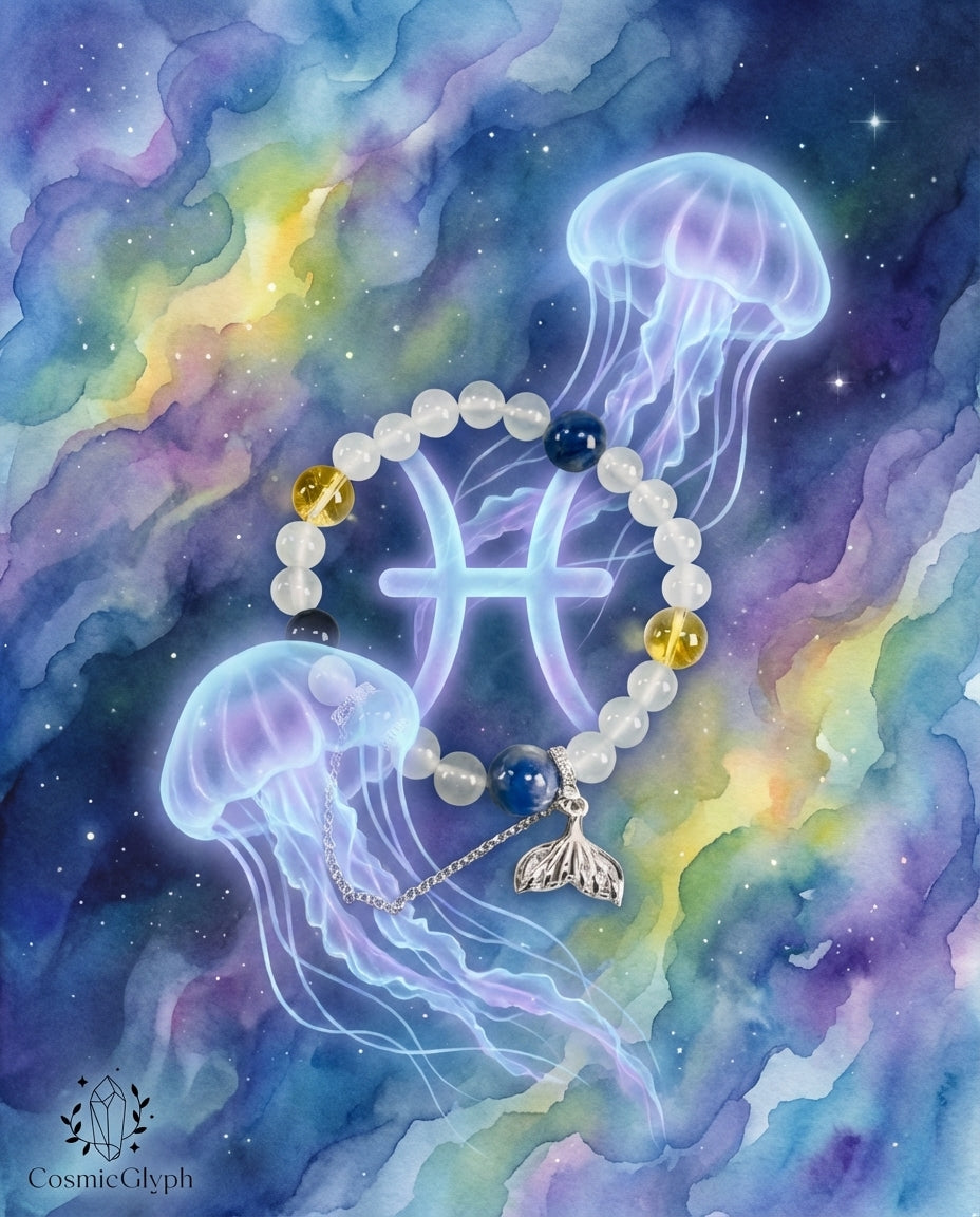 Artistic depiction for the CosmicGlyph Pisces collection. The bracelet with its silver fish tail pendant is intertwined with a淡紫色 Pisces zodiac symbol (♓). Two ethereal, glowing jellyfish float beside it against a watercolor backdrop of blues, purples, and yellows.