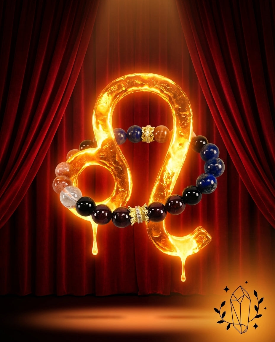The Leo zodiac bracelet intertwined with a glowing, lava-like Leo symbol (♌) against a dramatic red theatrical curtain backdrop. The bracelet‘s blue, black, and amber beads complement the intense, molten gold of the symbol. A minimalist CosmicGlyph emblem is in the corner.