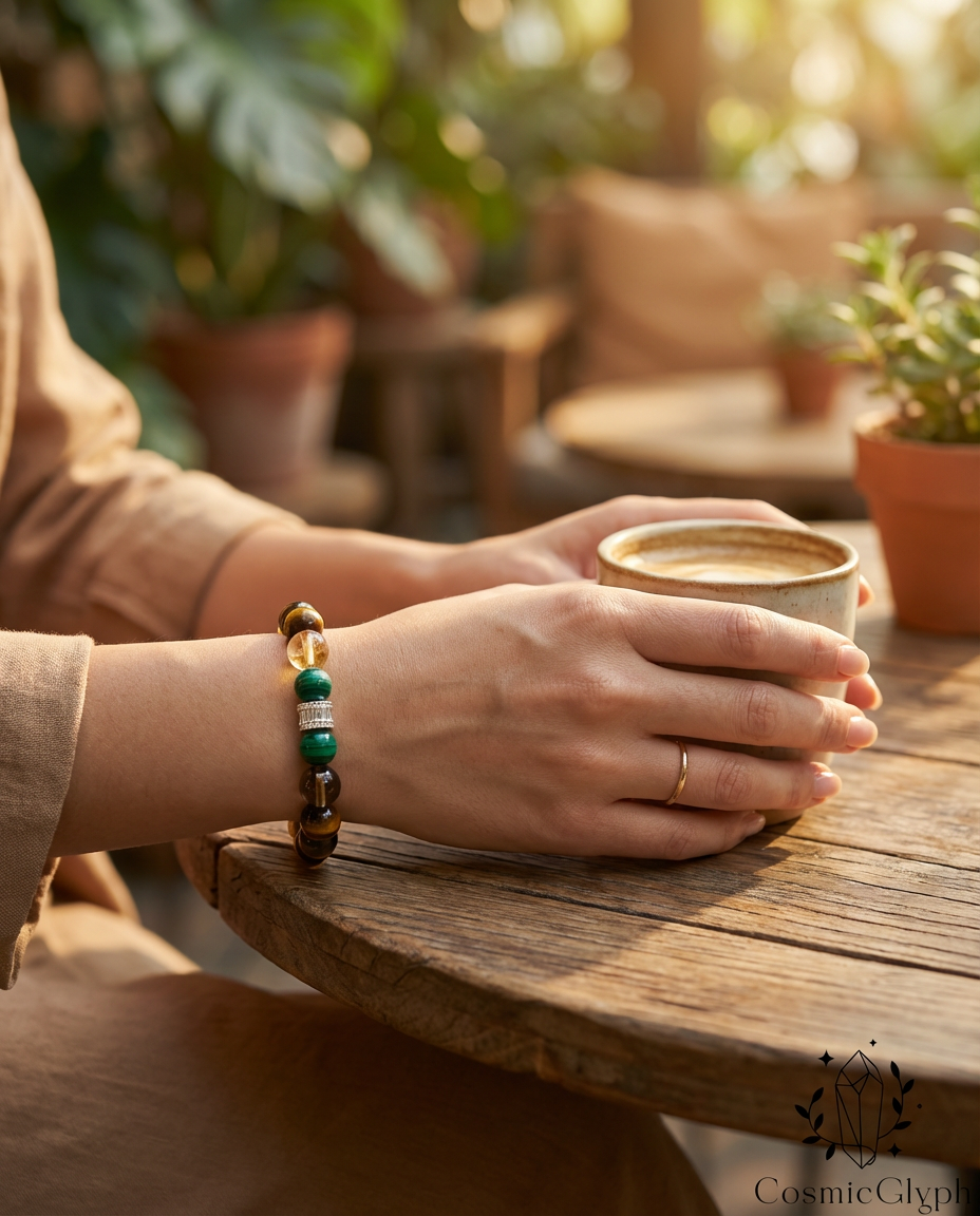 Lifestyle shot of a woman‘s hand wearing the Taurus "Unshaken Garden" crystal bracelet while holding a white coffee cup at a rustic wooden table. The scene conveys comfort and relaxed abundance. Brand: CosmicGlyph.
