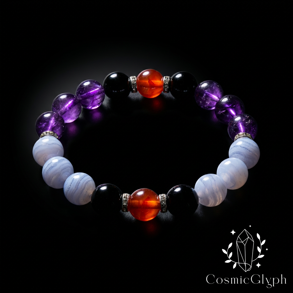 The CosmicGlyph Aries "Clarion Fire" bracelet, a close-up on dark background, featuring glowing Carnelian, Amethyst, Blue Lace Agate, and Black Onyx beads with silver spacers.