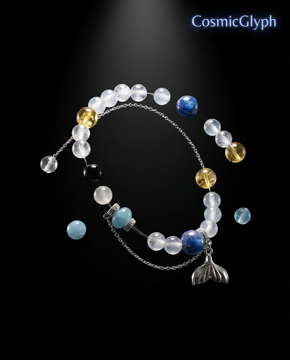 A striking product shot of the Pisces bracelet against a black background. The multi-strand bracelet with blue, yellow, clear, and black beads is arranged in a circle, with some beads scattered artistically around it. A silver dolphin or fish tail charm is featured. Brand: CosmicGlyph.