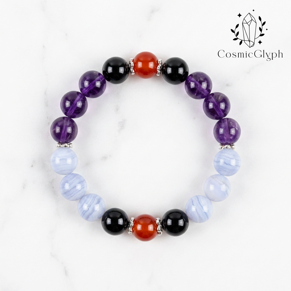 Flat lay view of the Aries bracelet, clearly showing the sequence of crystals and intricate silver metalwork.