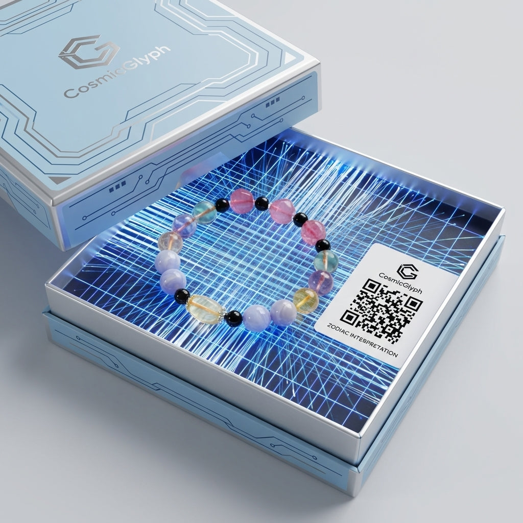 The Gemini “Neural Nexus” bracelet presented inside a futuristic light blue gift box lined with glowing blue grid lines. The bracelet rests beside a white card printed with “ZODIAC INTERPRETATION” and a large QR code. The CosmicGlyph logo is prominent on the box interior, emphasizing a tech-themed unboxing experience.