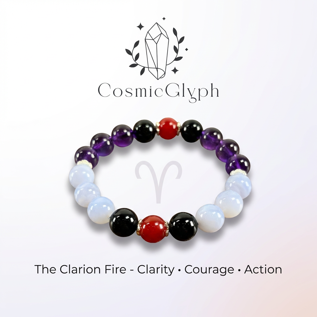 Product Launch Graphic: Official product graphic for the Aries "Clarion Fire" bracelet, with the zodiac symbol and key attributes: Clarity, Courage, Action.