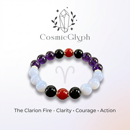 Product Launch Graphic: Official product graphic for the Aries "Clarion Fire" bracelet, with the zodiac symbol and key attributes: Clarity, Courage, Action.