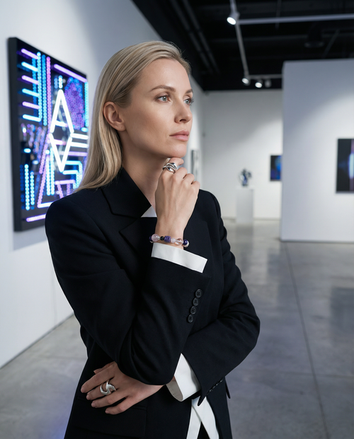 A blonde woman in a blazer, deep in thought, wears the Aquarius crystal bracelet on her wrist. She stands in a modern gallery setting with neon light artwork in the background. The scene captures a moment of contemplative sophistication and alignment with visionary art.