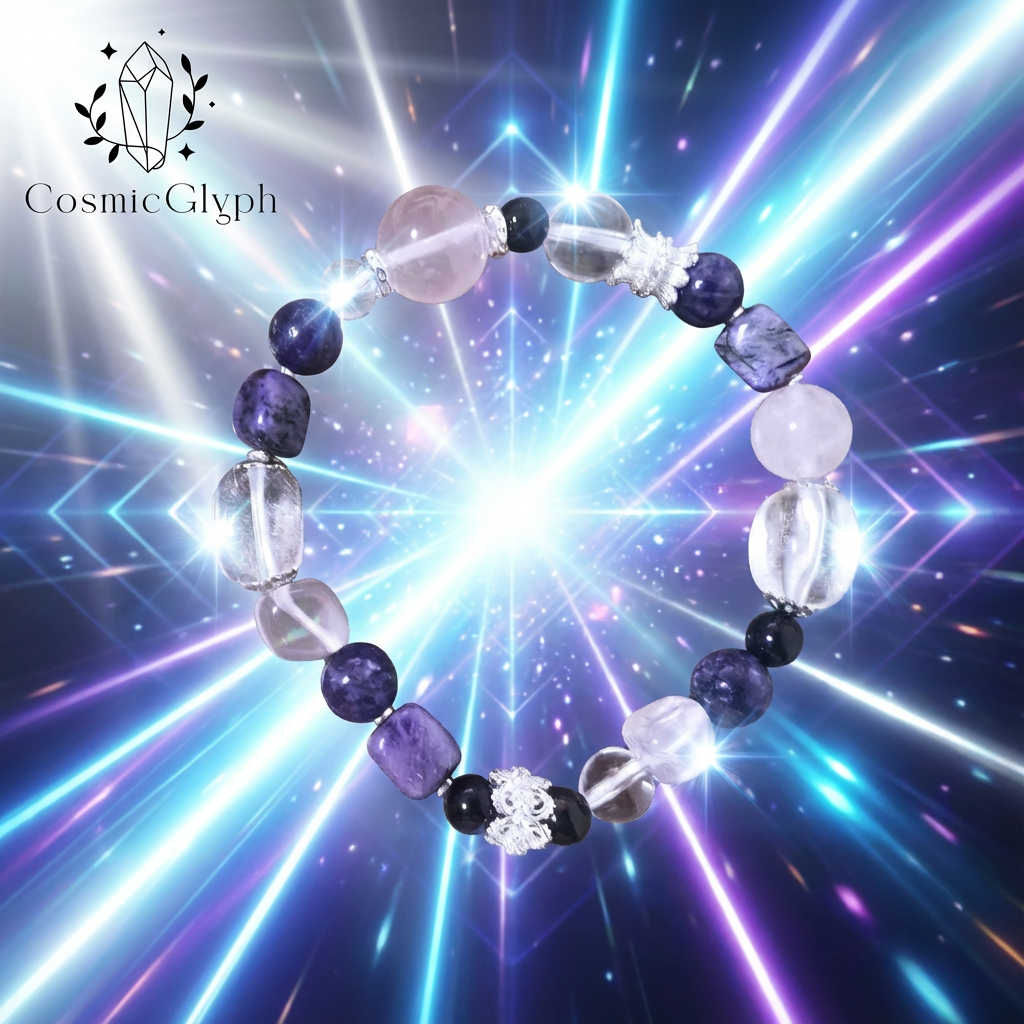 The Aquarius bracelet showcased against a brilliant backdrop of radiating light in blue and purple. The bracelet mixes purple, pink, clear, and black crystals with silver accents. The CosmicGlyph logo anchors the mystical and focal composition.