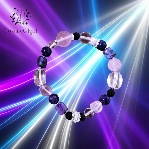 Product image of the Aquarius "Visionary's Key" bracelet against a cosmic星空 backdrop. The bracelet features transparent, purple, and pink beads of various shapes connected by silver links. The overall mood is modern and mystical, branded by CosmicGlyph.