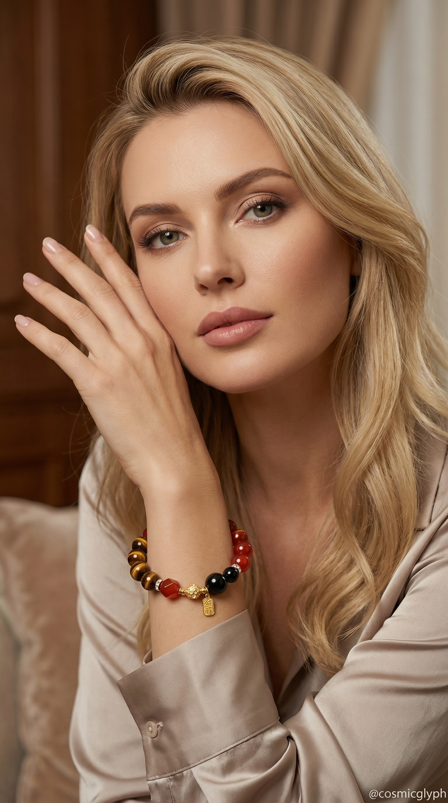 Close-up of the Aries zodiac bracelet being worn on a wrist, showcasing the Red Agate, Tiger's Eye, and Black Obsidian beads.