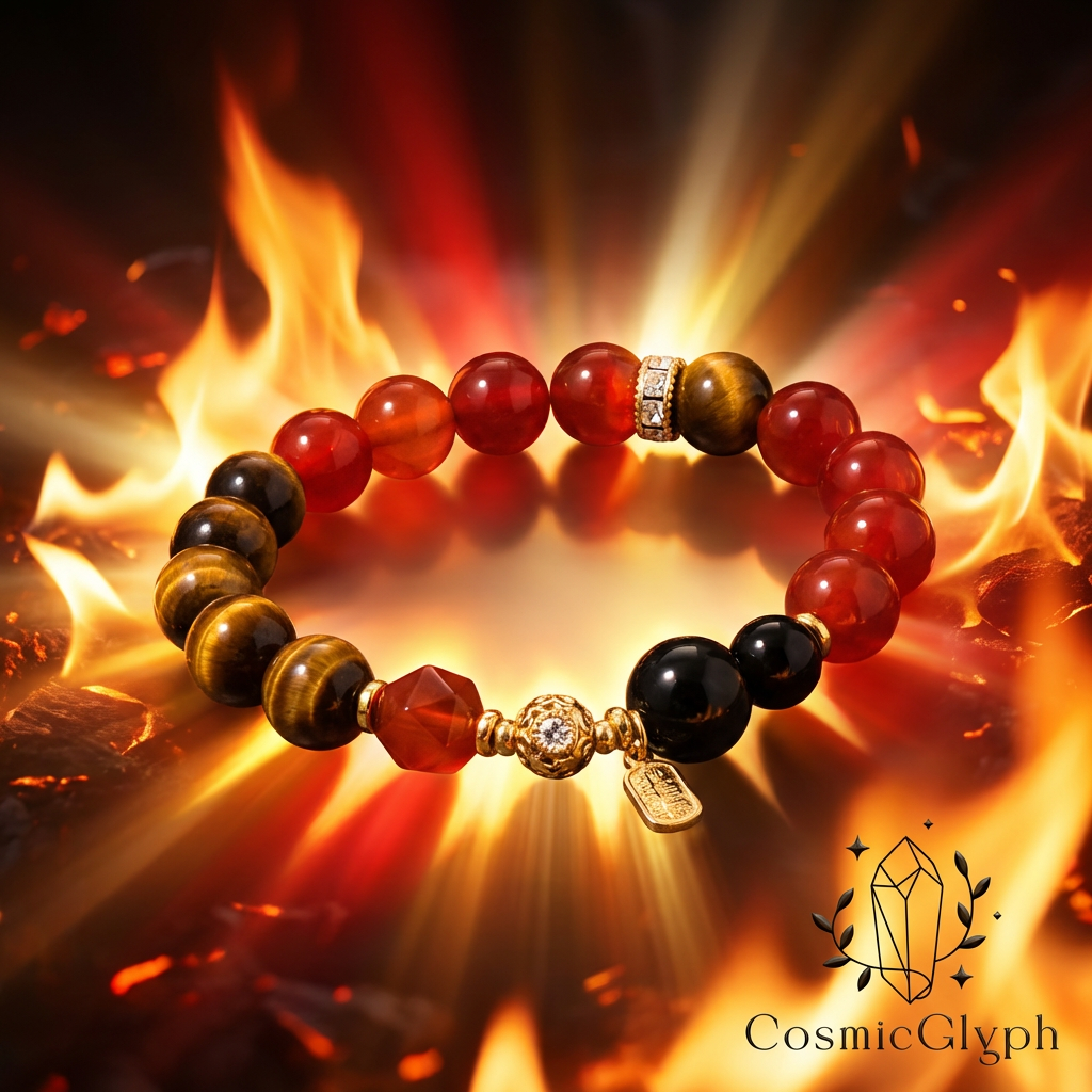 The Aries "Pioneer's Fire" zodiac bracelet by CosmicGlyph, centered amidst a powerful fiery vortex. The bracelet features beads of Carnelian, Tiger's Eye, and Black Onyx with gold accents and a gleaming crystal, set against a deep, intense background. The brand logo is visible.