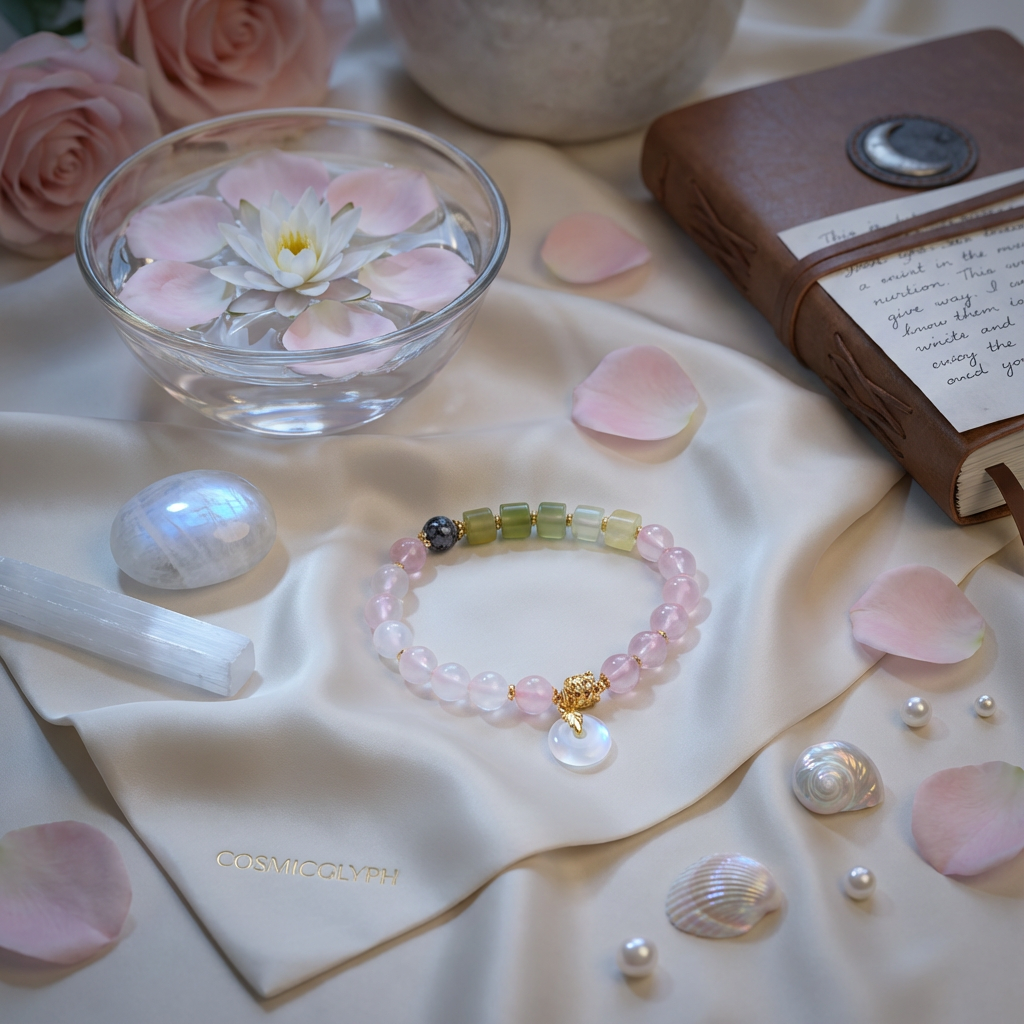 Cancer Bracelet - The Nurturer‘s Haven | Moonstone, Rose Quartz, Serpentine Jade, Snowflake Obsidian