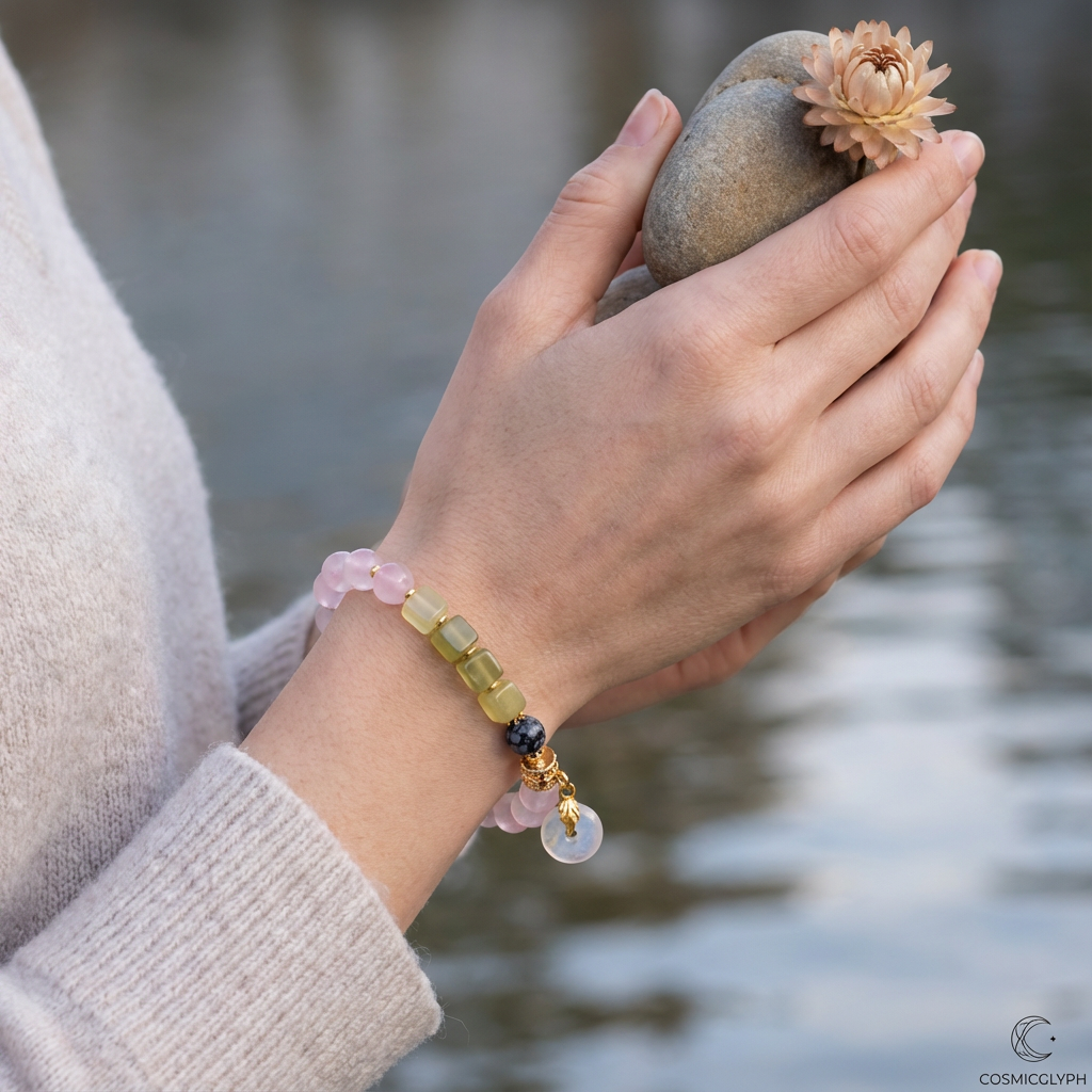 Cancer Bracelet - The Nurturer‘s Haven | Moonstone, Rose Quartz, Serpentine Jade, Snowflake Obsidian