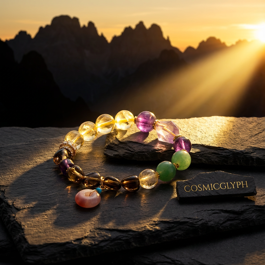 The Capricorn bracelet resting on a textured slate with the CosmicGlyph logo, set against a breathtaking mountain vista at sunset, symbolizing ambition and achievement.