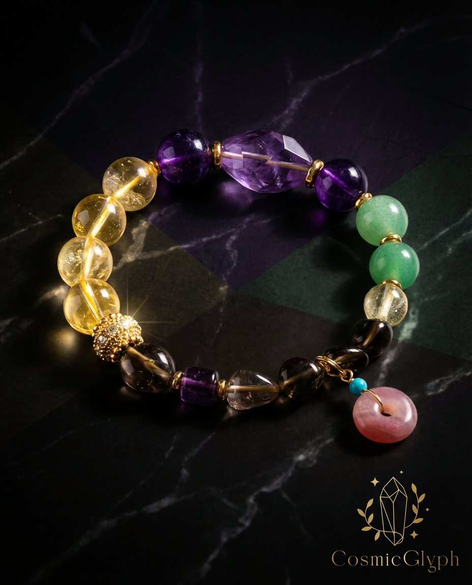 A detailed close-up of the CosmicGlyph Capricorn bracelet, highlighting a faceted Amethyst centerpiece alongside Citrine, Aventurine, and golden accents, presented on dark marble.