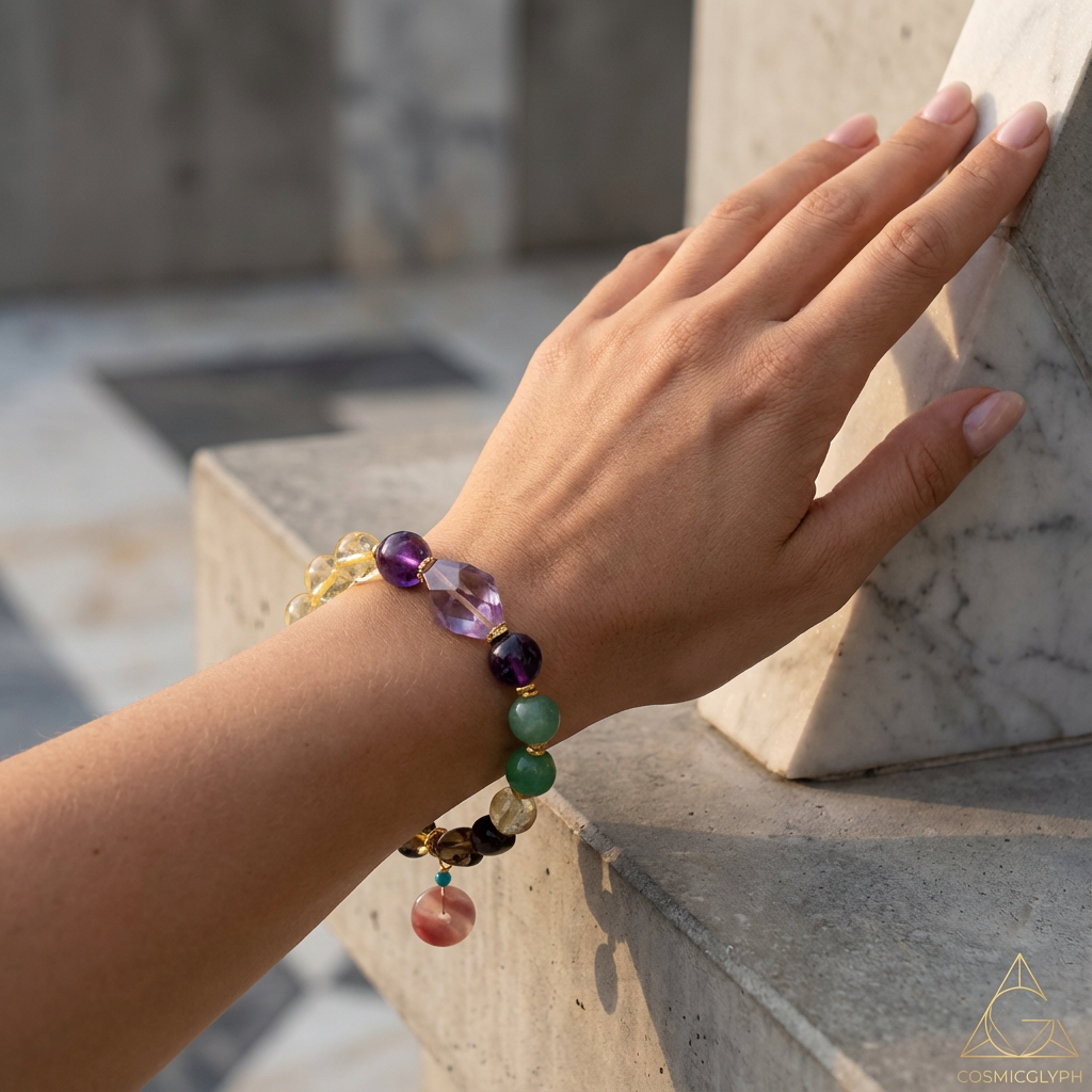 A wrist wearing the Capricorn zodiac bracelet, showcasing the harmonious blend of Citrine, Amethyst, Aventurine, and Smoky Quartz beads with a red pendant, against a soft grey background.