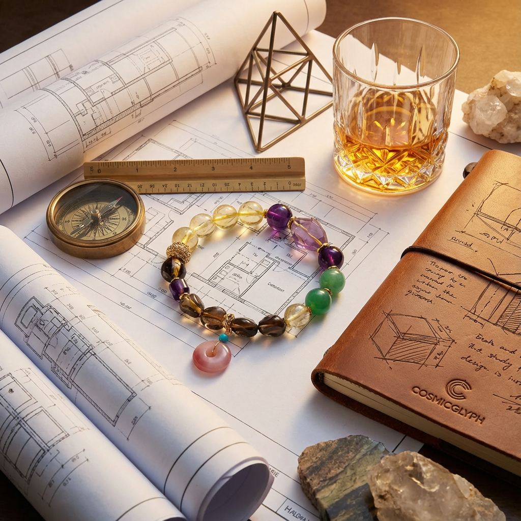 The Capricorn "Architect's Keystone" zodiac bracelet, featuring Citrine, Amethyst, Aventurine, and Smoky Quartz, displayed on architectural blueprints with a brass compass, ruler, and notebook in a creative workspace.