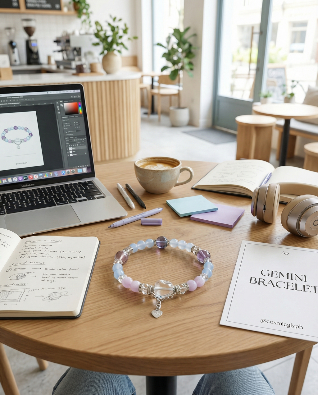 An overhead shot of a creative workspace featuring the Gemini Bracelet. The bracelet with粉蓝渐变 beads sits alongside a notebook with zodiac sketches, a laptop, and a latte. A product card reads "GEMINI BRACELET @cosmicglyph", highlighting the design process.