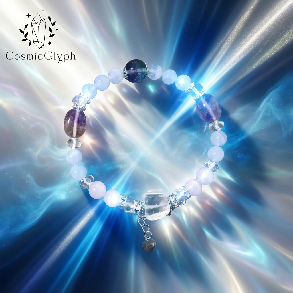 The Gemini "Mind's Bridge" bracelet displayed against a dynamic cosmic nebula background. The bracelet features lavender, ice blue, and clear beads including a central prismatic crystal and a detailed silver heart charm, embodying a spiritual and dreamy vibe. Branding: CosmicGlyph.