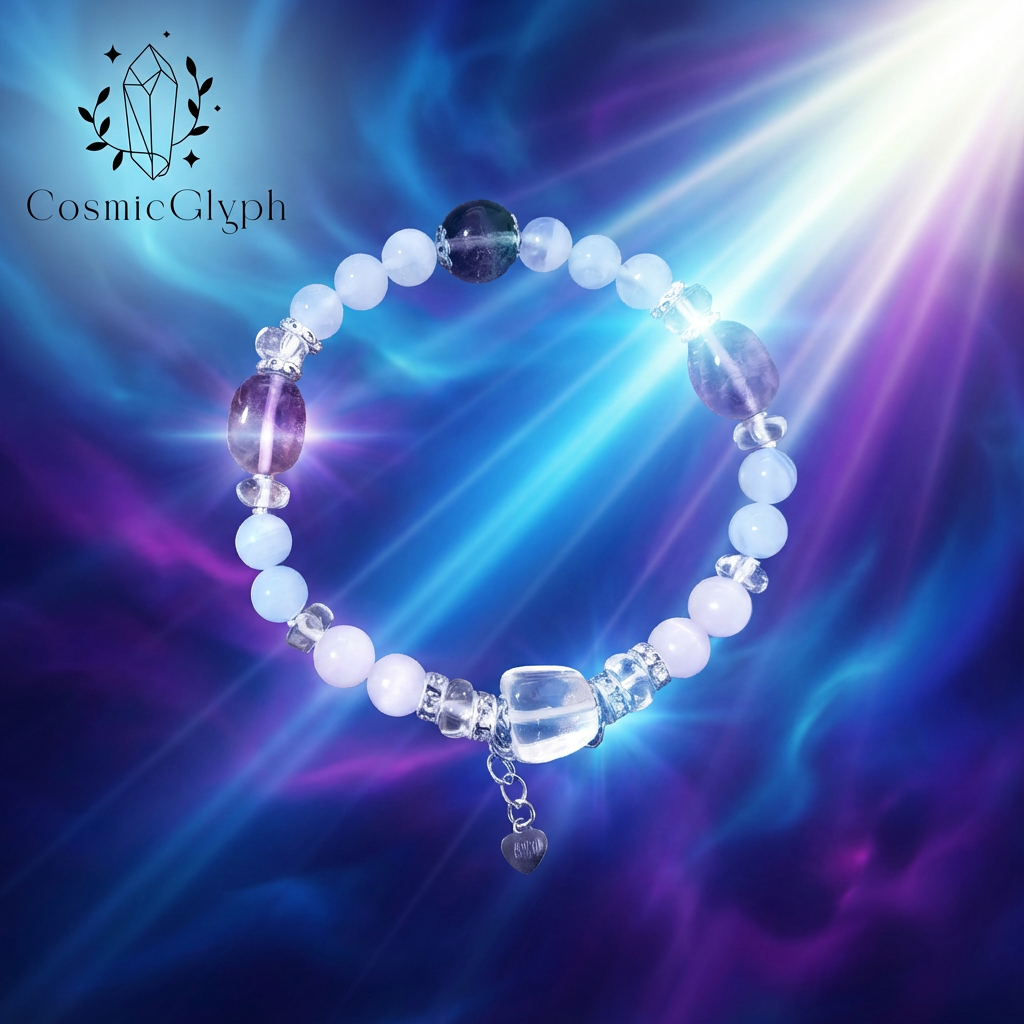 A close-up of the Gemini zodiac bracelet with pale blue, purple, and clear crystals against a radiant blue-purple gradient background. A silver heart charm dangles below, and the CosmicGlyph logo marks the mystical and aesthetic.