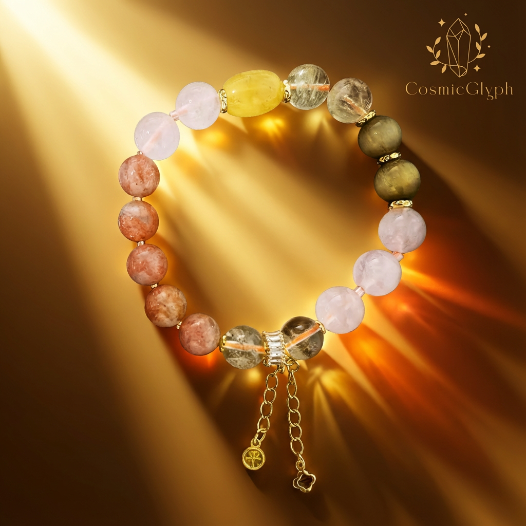 Product shot of the luxurious Leo crystal bracelet, featuring a rich array of colored beads and a central gold clasp with chains, set against a shimmering gold and brown gradient background.