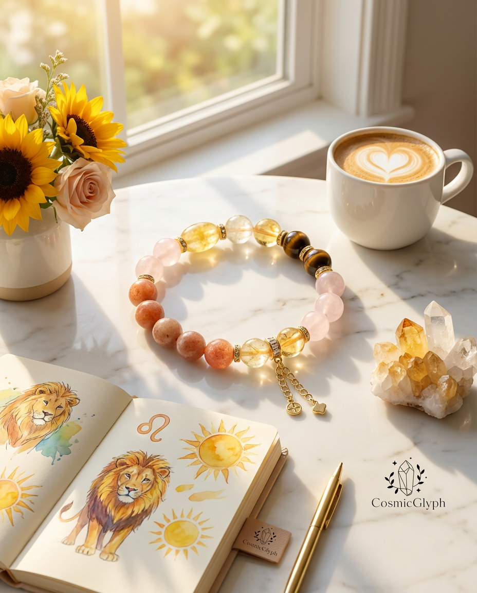 A serene creative workspace in sunlight, featuring the Leo Solar Heart Bracelet with Sunstone, Citrine, and Rose Quartz beside a latte, a notebook with Leo & sun motifs, a golden pen, and a vase of sunflowers.