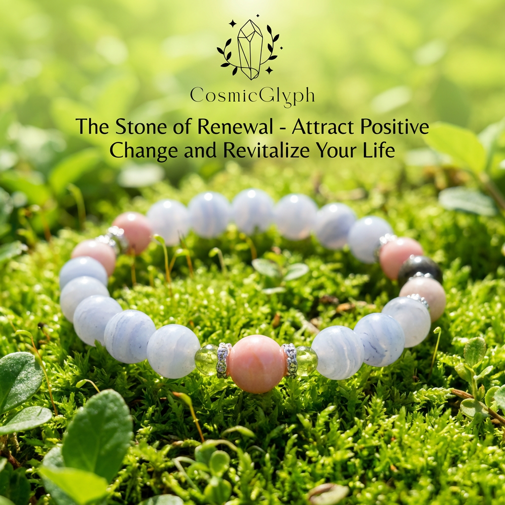The Libra "Harmonizer's Scale" bracelet rests on a bed of vibrant green moss. The bracelet features beads of Blue Lace Agate, Pink Opal, Peridot, and Hematite. The text "The Stone of Renewal - Attract Positive Change and Revitalize Your Life" overlays the natural, fresh backdrop.